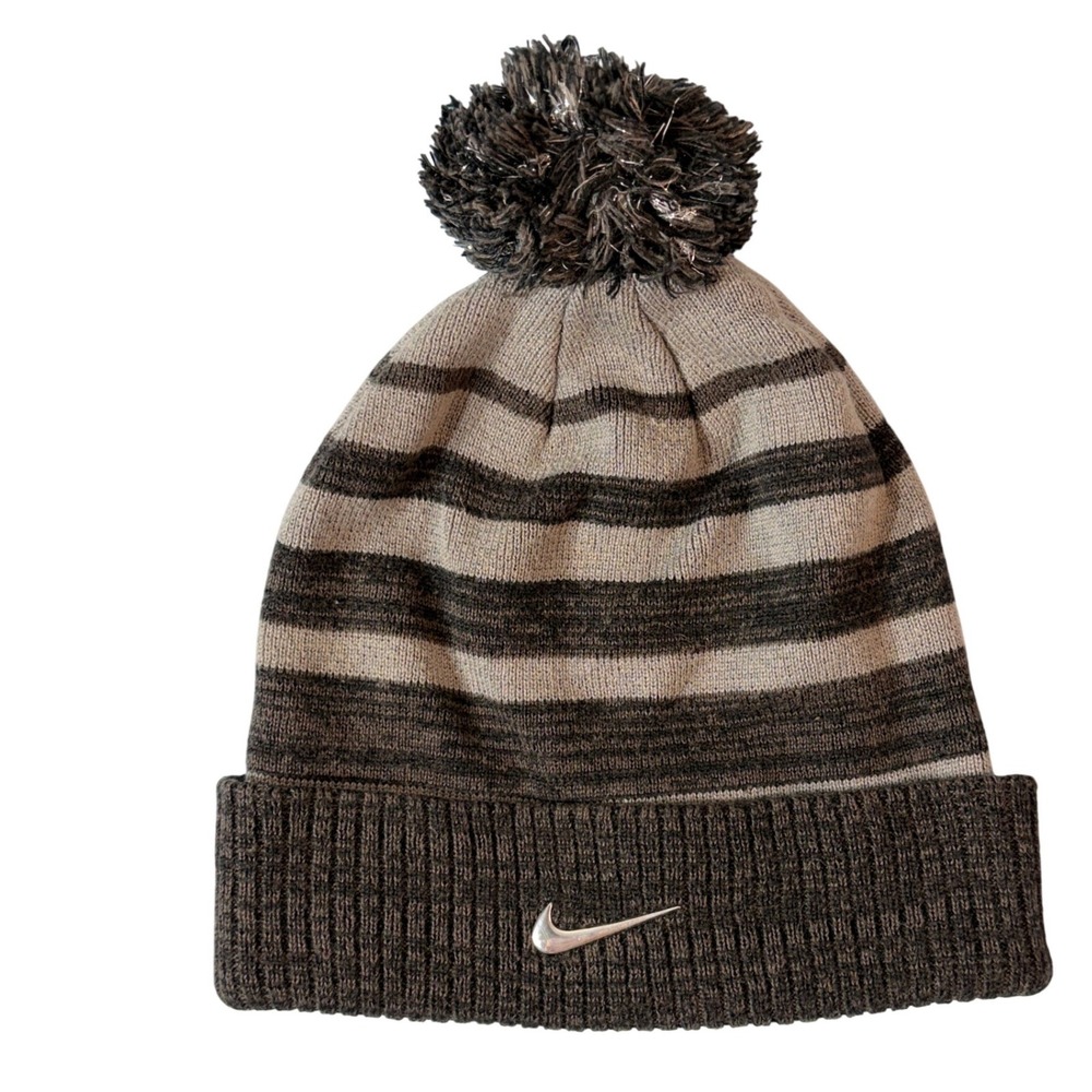 Nike Youth Beanie Gray Black Striped Pom Knit Winter Hat Swoosh Logo One Size - Picture 1 of 4